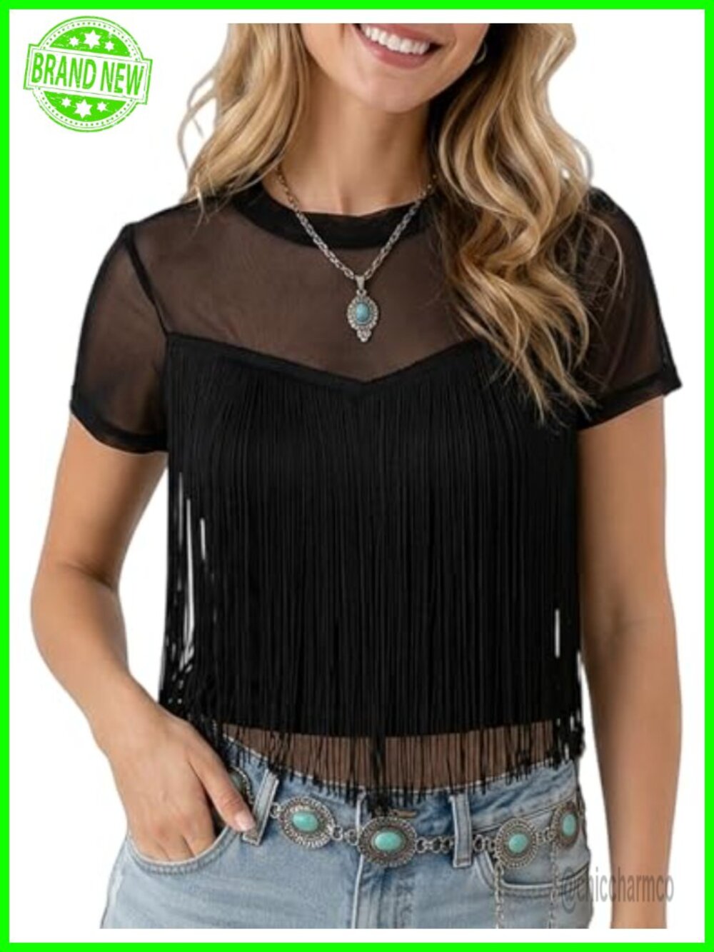 Fringe Mesh Sheer Western Cowgirl Tassel Top Short Sleeve Concert Blouse